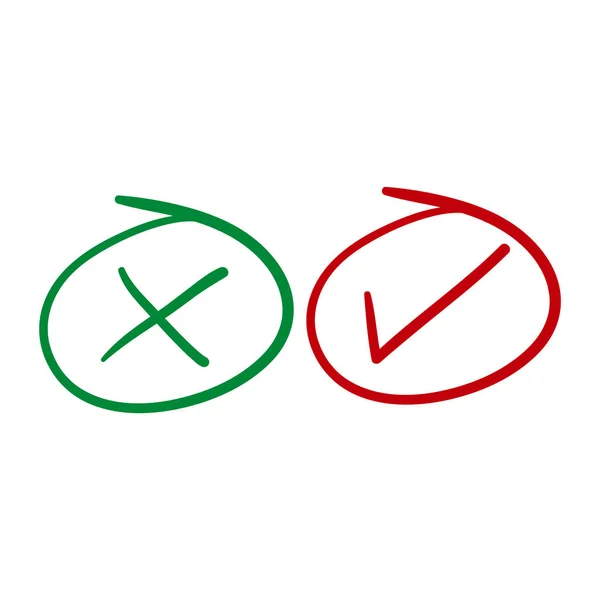 Check mark vector icons. Green tick and Red X cross. Hand drawn doodle style vector isolated on white. — ストックベクタ