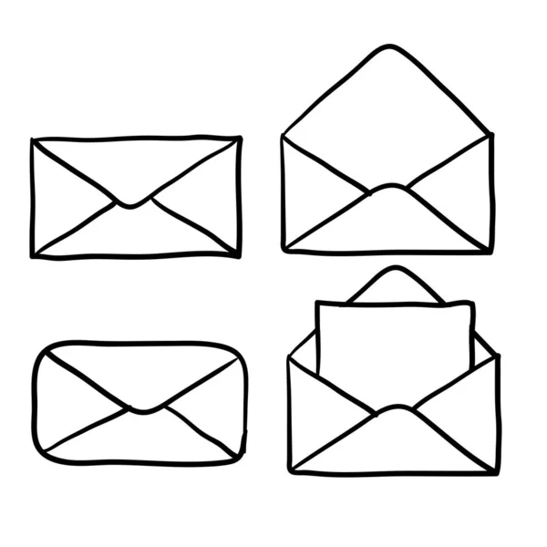 Coleção de ícones de correio, envelopes abertos e fechados, símbolo de e-mail. mão desenhado estilo doodle desenho animado estilo —  Vetores de Stock