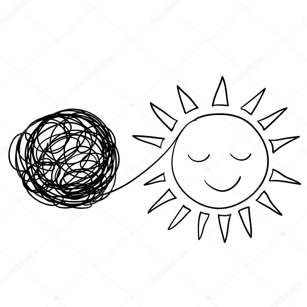 Tangled and unraveled circle and sun icon symbol for Personal growth, development, evolution. tangle, insight, mentor,Coaching, training, brainstorm,hand drawn doodle style