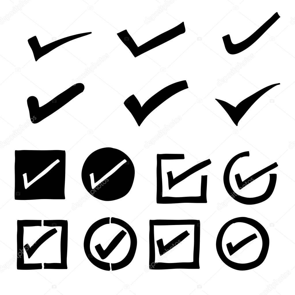 collection of hand drawn check mark signs isolated on white background with doodle style