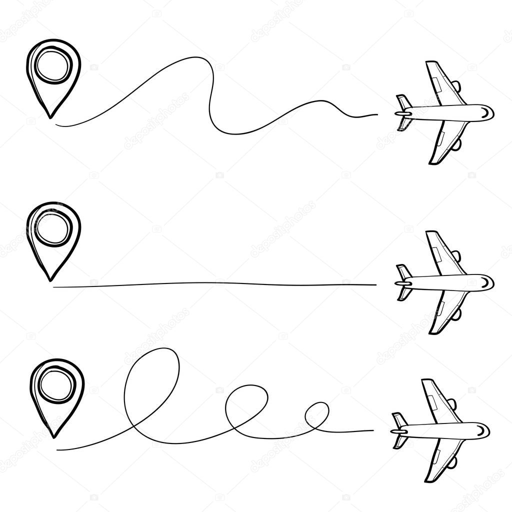 hand drawn plane track icon symbol for travel and tourism illustration with doodle style