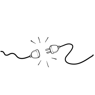 Elektrik prizi ve Soket tasarım vektörünün fişini çekin. 404 hata arkaplan web pankartı, elektrik kablosu şoku, bağlantı kopması, bağlantı kaybı. el çizimi karalama biçimi vektörü ile