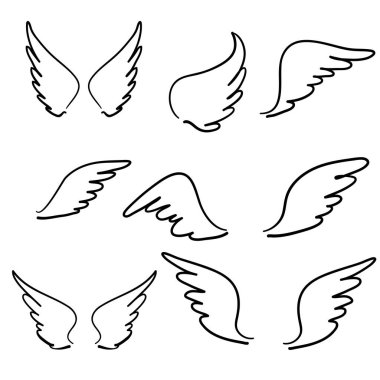 Karalama elle çizilmiş melek kanatları. Melek tüyü kanat, kuş dövmesi silueti. Doğrusal sinek kanatlı melekler, uçan cennet çizgi film vektör simgeleri