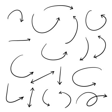 Karalama Okları vektör el düzenlenebilir kümesi. Ok çizimi el yapımı karalama. Beyaz arkaplanda izole edilmiş işaret levhasını kaldır.