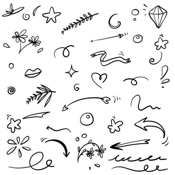 Abstract arrows, ribbons and other elements in hand drawn style for concept design. Doodle illustration. Vector template for decoration with line art style vector — ストックベクタ