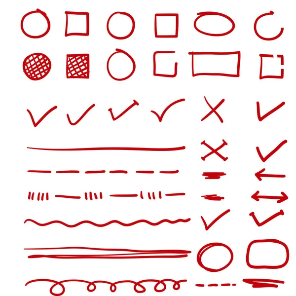 Controllo disegnato a mano rosso, sottolineatura e marcatore ovale con vettore in stile doodle — Vettoriale Stock