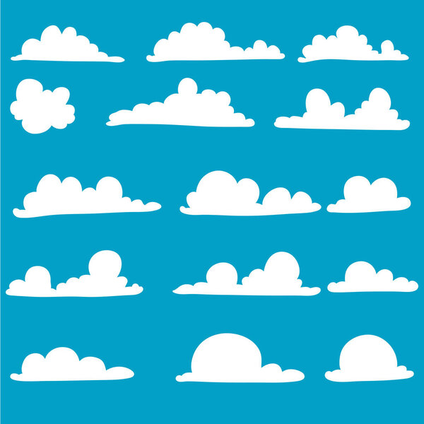 Cloud. Abstract white cloudy set isolated on blue background. Vector illustration.with hand drawn doodle style