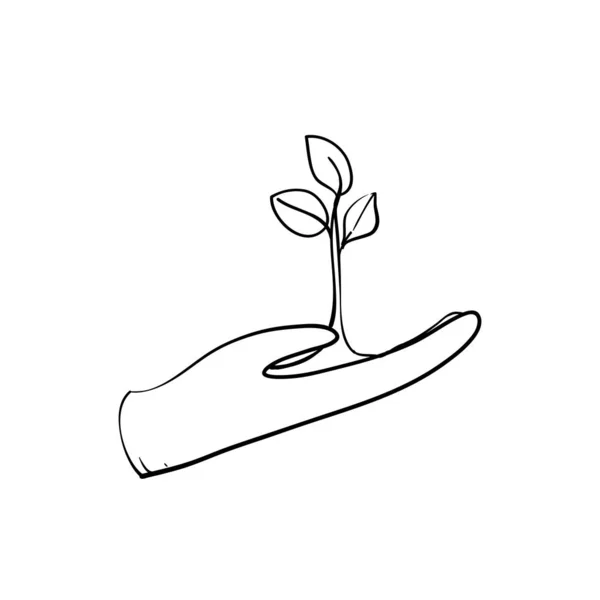Pflanze in der Hand. Vektor-Symbol mit handgezeichneten Doodle-Cartoon-Stil isoliert auf weißem Hintergrund — Stockvektor