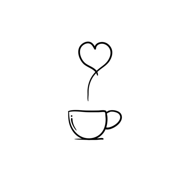 一杯带有蒸汽的咖啡，它形成了爱的象征，手绘涂鸦式矢量，在白色上分离 — 图库矢量图片