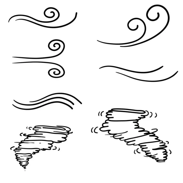 Vento icone natura, onda fluente illustrazione con disegnato a mano doodle stile cartone animato isolato su sfondo bianco — Vettoriale Stock