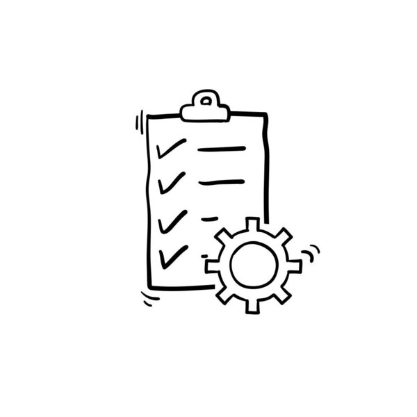 doodle Clipboard with gear isolated icon. Значок списка технической поддержки. Концепция управления плоской иконой. С вектором стиля hand drawed line art
