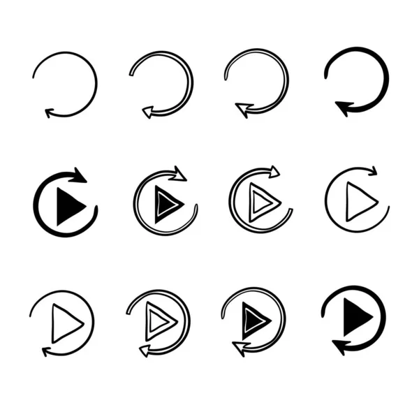 Set di icona dei pulsanti di replay o ricarica con vettore in stile doodle disegnato a mano isolato su bianco — Vettoriale Stock