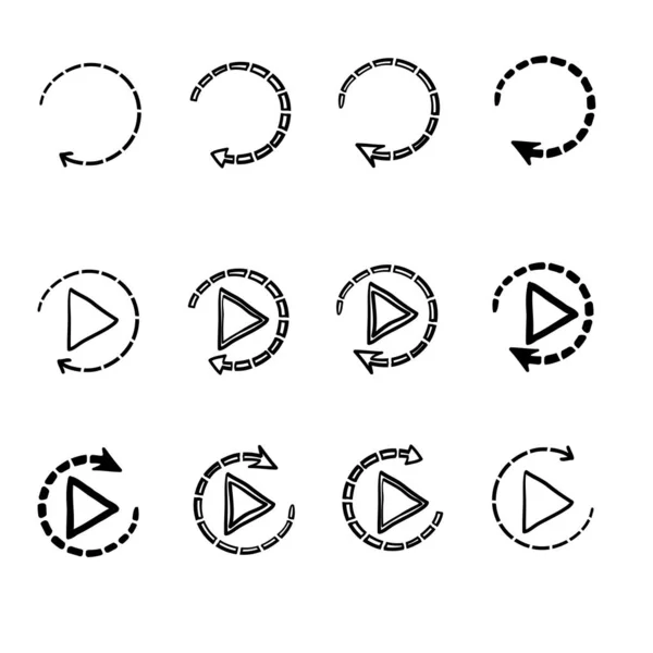 Set di icona dei pulsanti di replay o ricarica con vettore in stile doodle disegnato a mano isolato su bianco — Vettoriale Stock