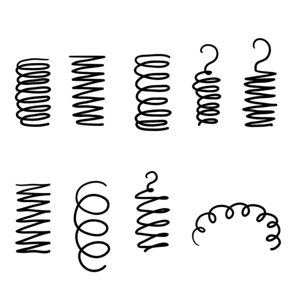 Ressort en spirale. Bobines flexibles, ressorts métalliques et spirales de bobines métalliques silhouette. Bobines souples métalliques de forme, spirale de moteur en acier de flexibilité avec le style doodle dessiné à la main isolé — Image vectorielle