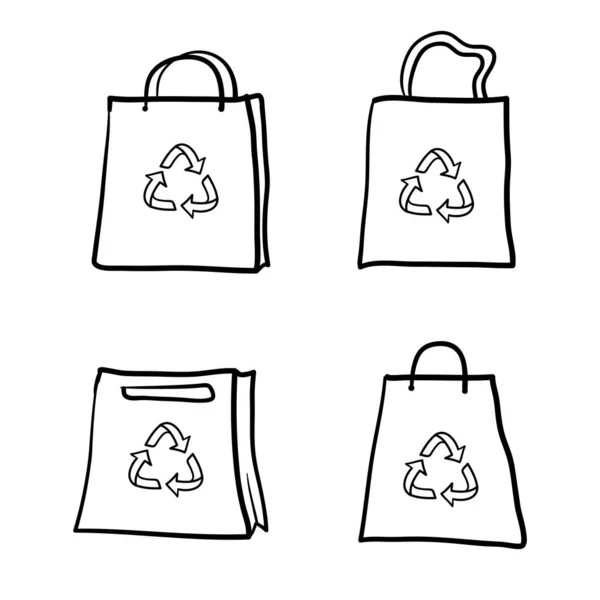 Empty bags and recycling symbol with hand drawn doodle style isolated on white — 스톡 벡터