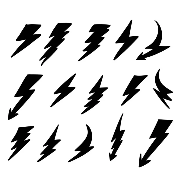 Defina um raio. Thunderbolt, relâmpago. doodle mão desenhado estilo vetor ilustração. Trovão e Parafuso Iluminação Flash Ícones Set.vector isolado — Vetor de Stock