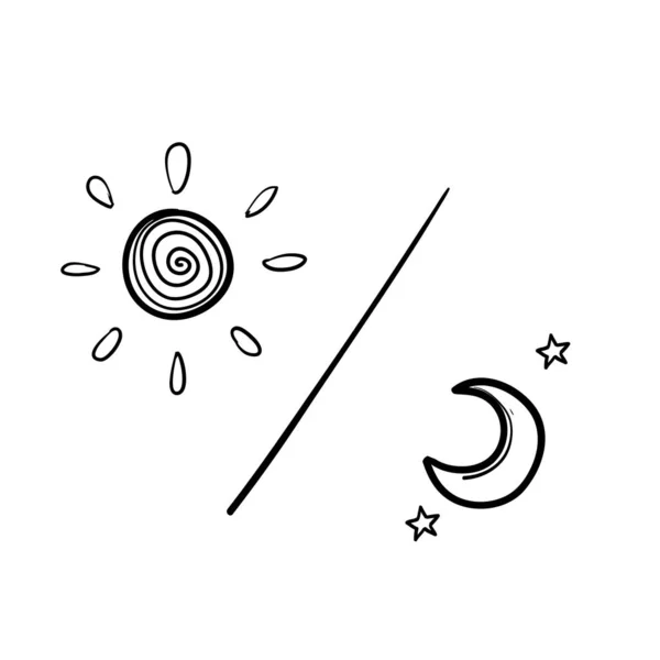 Sol e lua, dia e noite, luz e vetor escuro ícone sinal mão desenhado estilo doodle isolado no fundo branco . — Vetor de Stock