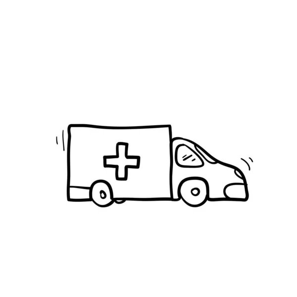 手绘救护车图标与涂鸦卡通风格隔离的白色背景. — 图库矢量图片