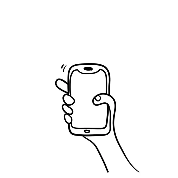 Icono de teléfono inteligente en la mano con ilustración de estilo garabato dibujado a mano sobre fondo blanco — Vector de stock