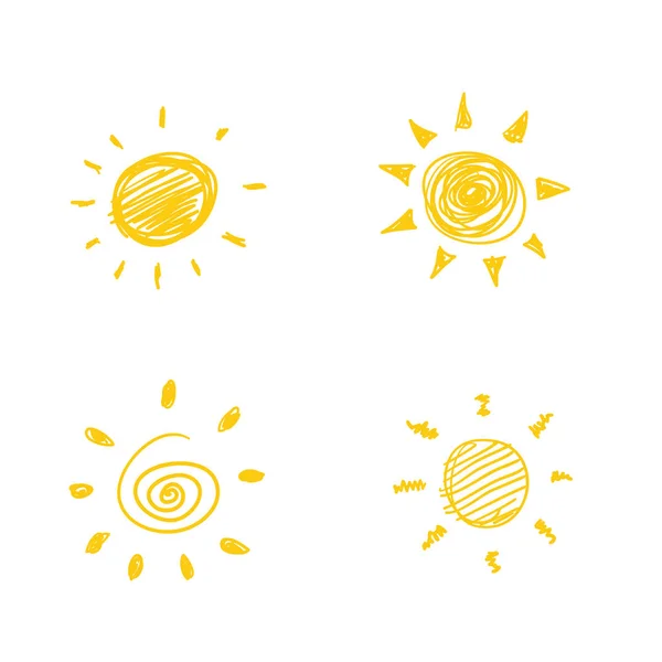 Fourscribble a peint des soleils jaunes. Symboles solaires vectoriels style set.doodle isolé — Image vectorielle