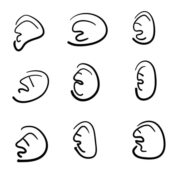 Raccolta di orecchie disegnate a mano con doodle stile cartone animato illustrazione vettore isolato — Vettoriale Stock