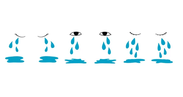 Cartoon tear drops and puddles set. Sorrow weeping cry streams, tear blob or sweat drop. eyes tears or rain droplets hand drawn style isolated — 스톡 벡터