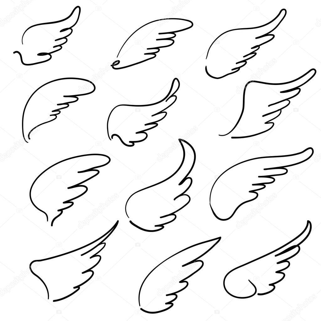 doodle hand drawn Sketch angel wings. Angel feather wing, bird tattoo silhouette. Linear fly winged angels, flying heaven cartoon vector icons