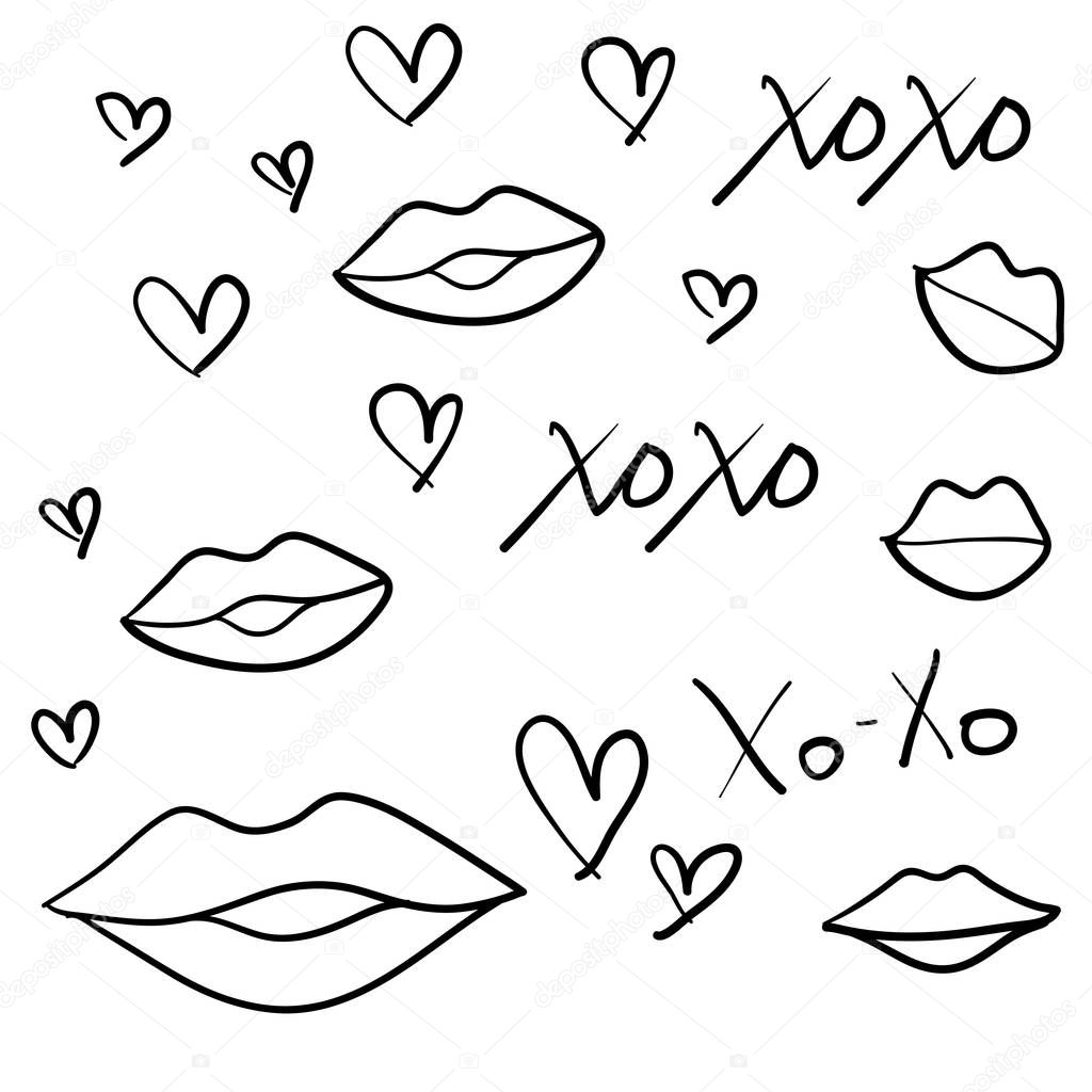 Handwritten Grunge Brush Lettering XOXO with love and Woman Lips. doodle style isolated vector