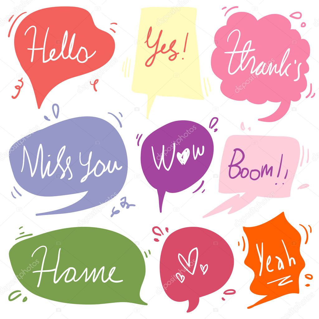 set of Colorful hand drawn doodle speech bubbles with dialog words,Vector isolated