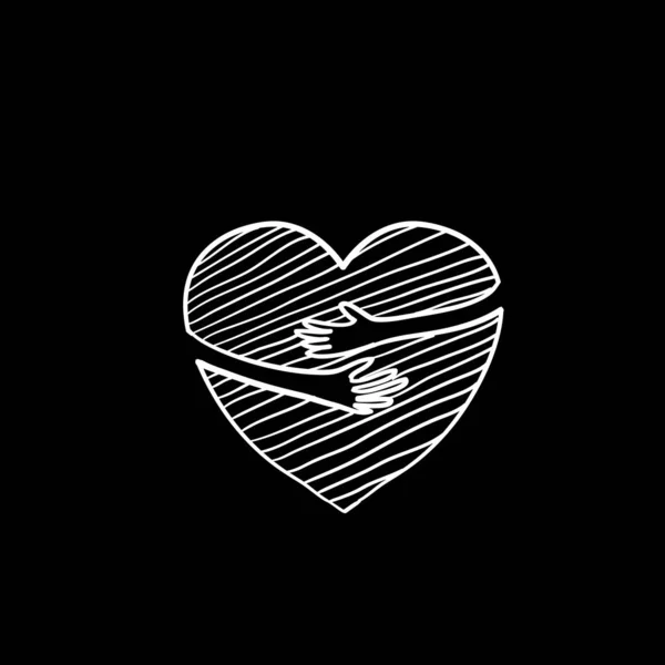 Disegnato a mano cuore abbracciato isolato su uno sfondo bianco. Cuore con le mani. vettore di stile doodle — Vettoriale Stock
