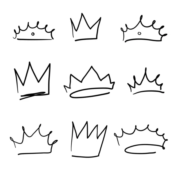 Doodle mão desenhada coroa rainha princesa real logotipo grafite ícone com desenho animado estilo isolado fundo — Vetor de Stock