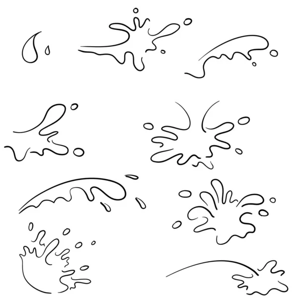 Raccolta di spruzzi d'acqua con gocce, una spruzzata di acqua caduta mano disegnato stile cartoon doodle — Vettoriale Stock