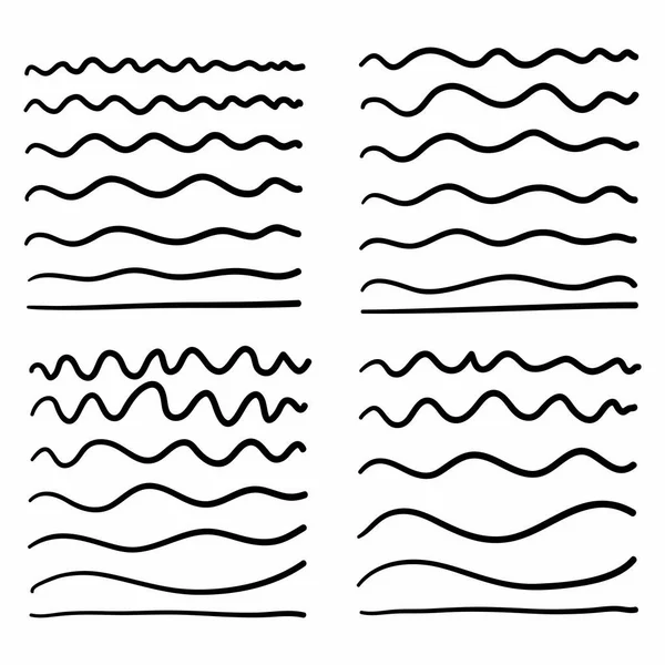 Ligne d'onde dessinée à la main et lignes de motif en zigzag ondulé. Soulignement vectoriel noir, extrémité lisse courbée horizontalement tordue tortille isolé — Image vectorielle