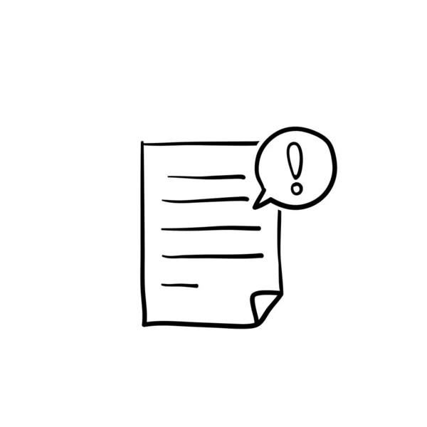 Mão desenhada Documento com alerta ou erro notificação bolha vetor ícone, doodle cartoon papel texto conteúdo do arquivo com mensagem de exclamação ou comentário símbolo, cautela ou aviso ponto de atenção — Vetor de Stock