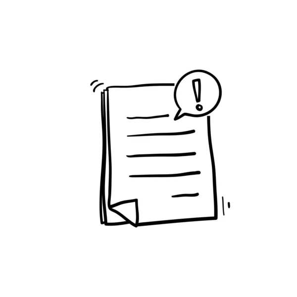 Handgezeichnetes Dokument mit Warn- oder Fehlerbenachrichtigungsblasensymbol, Doodle-Cartoon-Papier-Textdateiinhalt mit Ausrufezeichen oder Kommentarsymbol, Vorsicht oder Warnhinweis — Stockvektor