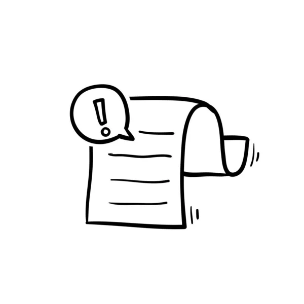 Documento disegnato a mano con l'icona del vettore bolla di notifica di avviso o errore, il contenuto del file di testo del cartone animato doodle con messaggio esclamativo o simbolo di commento, attenzione o avviso — Vettoriale Stock