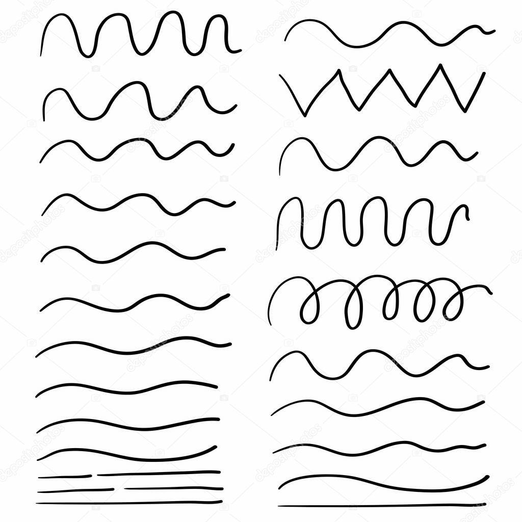 hand drawn Wave line and wavy zigzag pattern lines. Vector black underlines, smooth end squiggly horizontal curvy squiggles isolated
