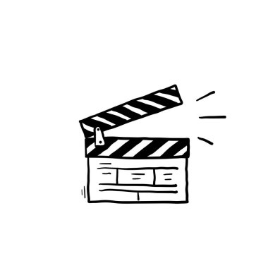 Elle çizilmiş film klaket simgesi. Sinema yapımı için el çırpma seti. Video klip sahnesi başlangıcı için tahta alkışı. Işıklar, kamera, motor! El çizimi çizimi vektör karalama biçimi