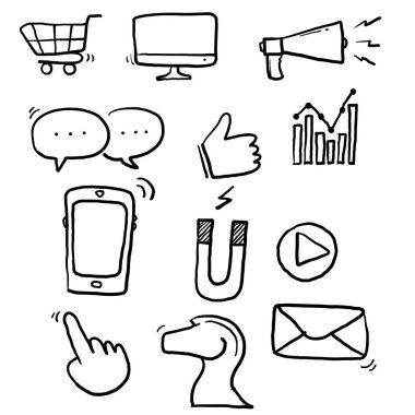 El çizimi pazarlama simgeleri, seo, analitik, reklamlar, iş illüstrasyonu karalama tarzı