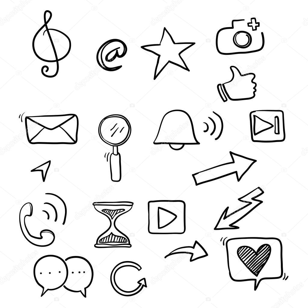 collection of social media icon symbol illustration with hand drawn doodle style vector isolated