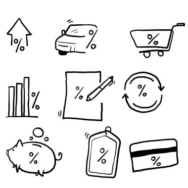El çizimi Kredi İlgili Vektör Satırı Simgeleri Basit Kümesi. Faiz Oranı, Yatırım Planı, Yüzdelik Diyagram sembol çizim biçimi