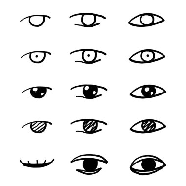 El çizimi göz simgeleri. Açık ve kapalı gözler, kirpik ile uyuyan göz şekilleri, vektör denetimi ve arama işaretleri karalama