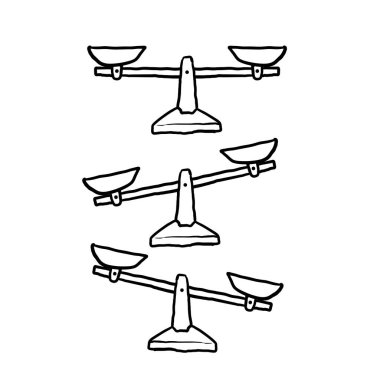 El çizimi teraziler. Dengede duran bir kase terazi, dengesizlik. Libra, vektör illüstrasyon karalama