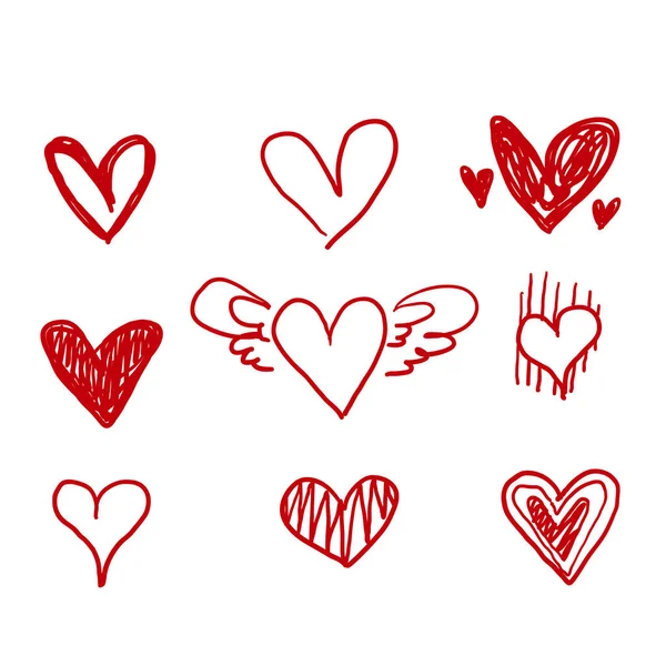 Handritade Doodle Hjärtan Handritade Kärlek Hjärta Samling Röd Färg Vektor — Stock vektor
