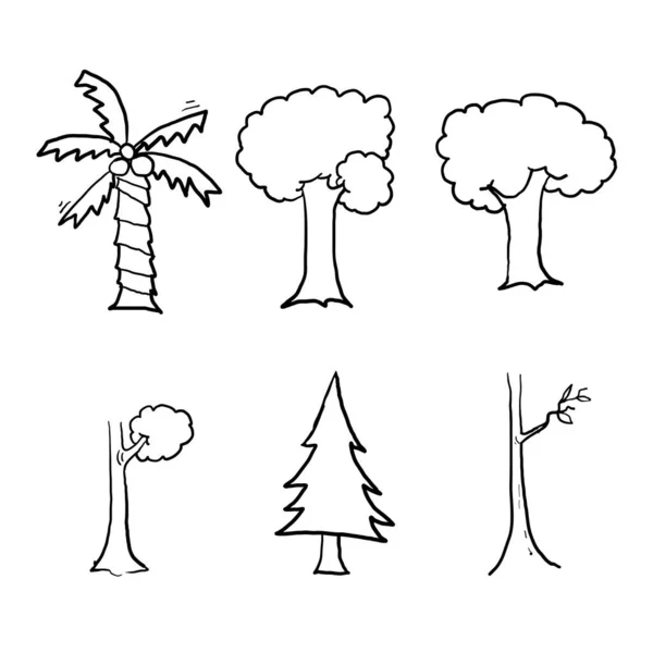 Doodle Icône Collection Arbres Avec Vecteur Style Dessiné Main Isolé — Image vectorielle