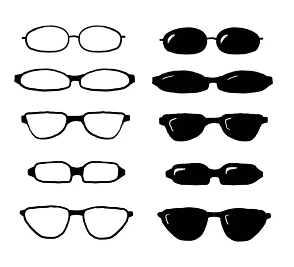 Hand Drawn Glasses Set Summer Eye Wear Sun Protection Sun — Stock Vector