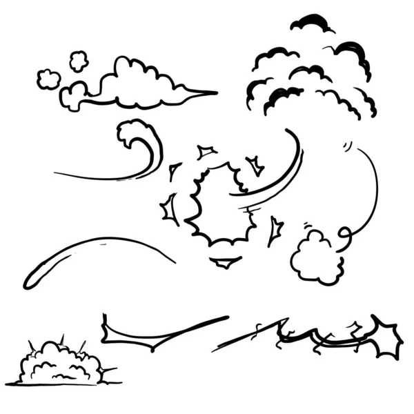 Doodle Comic Energy Explosion Cartoon Flame Smoke Cloud Speed Hit — Stock Vector