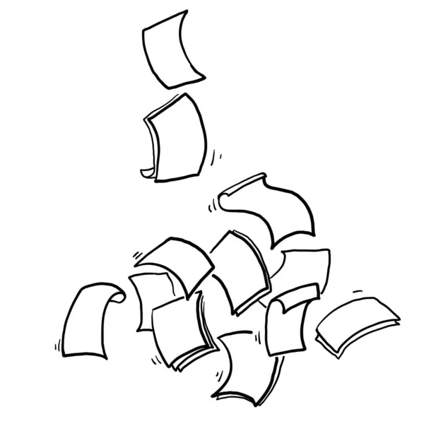 手描きの落下紙シート フライングペーパーページ ホワイトシート文書 および風に関する空白のドキュメントページ 散乱ノートを飛ぶ 空の混沌とした紙細工 Doodle — ストックベクタ