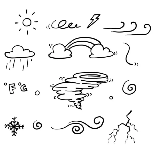 Hand Drawn Doodle Weather Collection Symbol Set Line Art Cartoon — Stock Vector