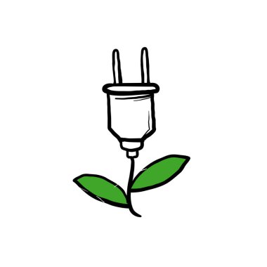 Çevre dostu karalama için yeşil yaprak sembollü el çizimi elektrik prizleri